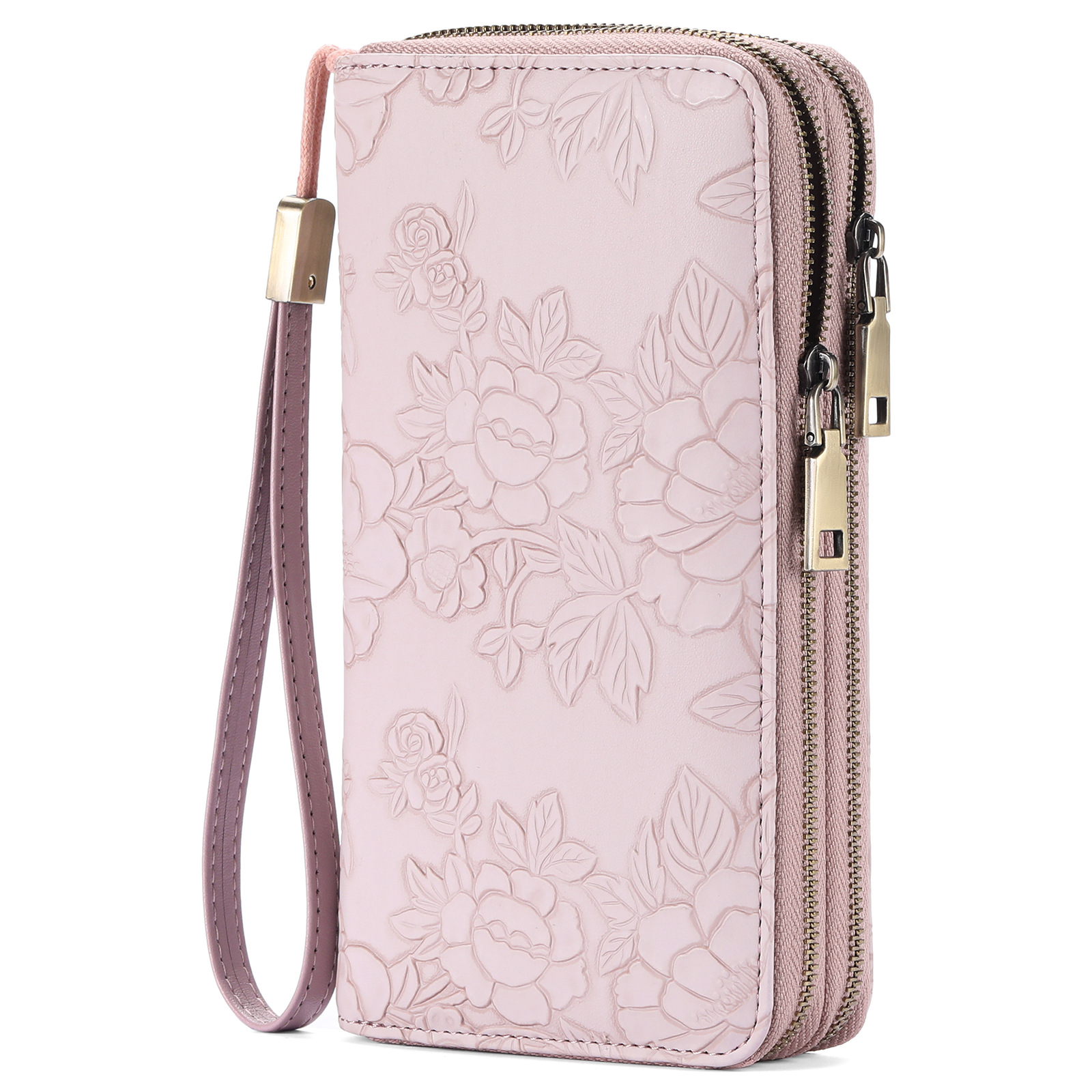V888-ELOSUNG23588-202504141345-00 Pink Floral Embossed Large Capacity Women's Wallet - Double Zipper PU Leather Clutch with Detachable Wrist Strap - Image 1