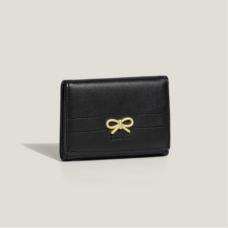 Black Compact Women's Bow-Accent Wallet - Fresh Minimalist PU Leather Foldable Card Holder with Multiple Slots
