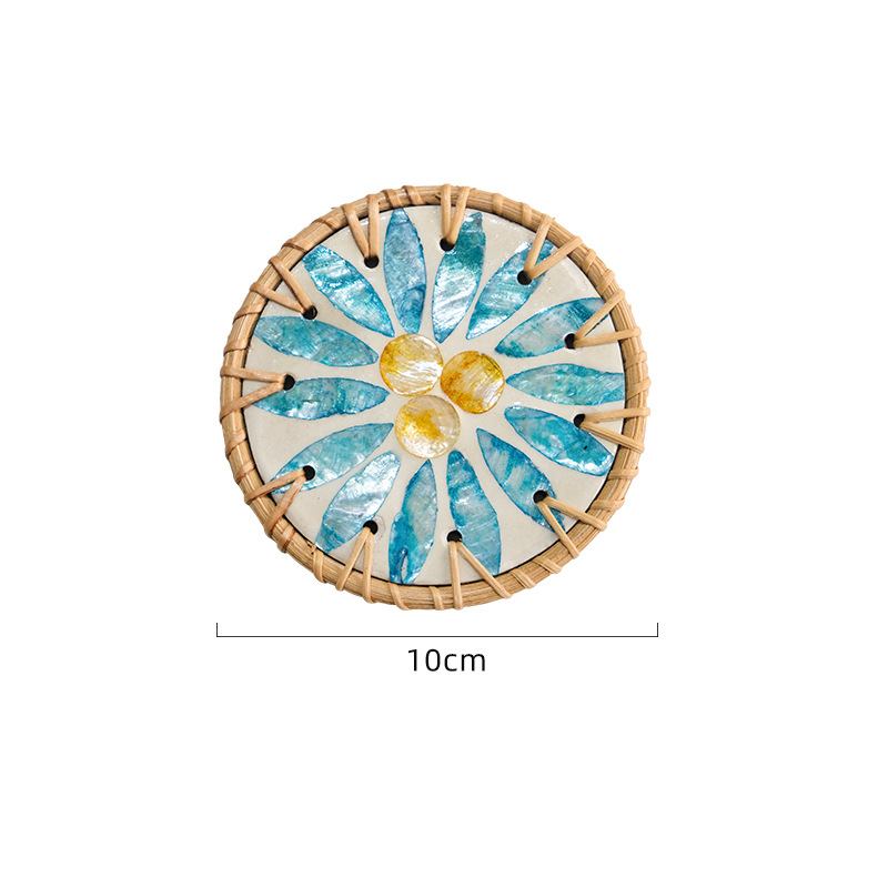 V888-ELOSUNG23682-202504141727-00 4 Pcs Beige Background With Blue flower Handcrafted Rattan Coaster with Natural Shell Inlay - Decorative & Heat Insulating Drink Mat - Image 1