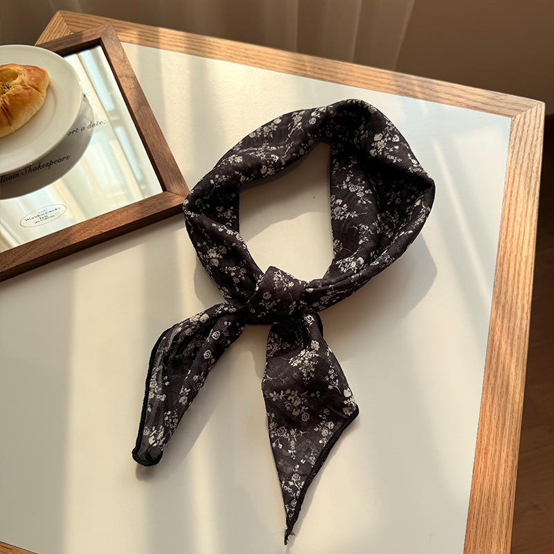 V888-ELOSUNG23694-202504141742-00 Style 10 Black Versatile Patterned Square Scarf | 65x65cm Lightweight Polyester Neckerchief Headband | Vintage Polka Dot & Floral - Image 1
