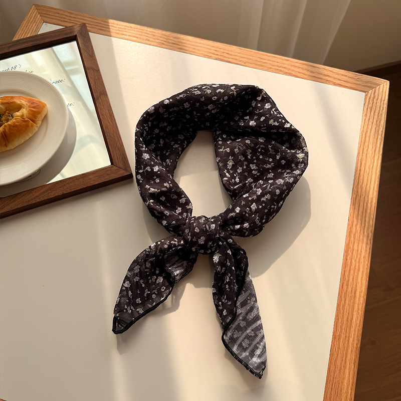 V888-ELOSUNG23696-202504141745-00 Style 12 Black Versatile Patterned Square Scarf | 65x65cm Lightweight Polyester Neckerchief Headband | Vintage Polka Dot & Floral - Image 1