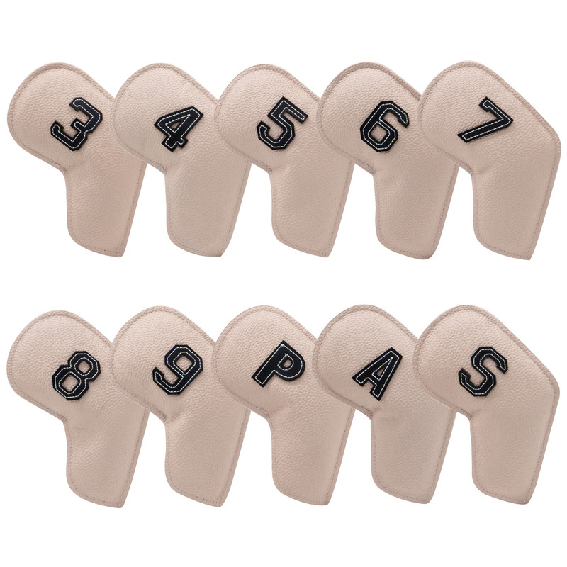 V888-ELOSUNG23722-202504141813-00 Beige Golf Iron Head Covers Set of 10 - Waterproof PU Leather Club Protectors with Embroidered Numbers (3-9, P, A, S) - Image 1