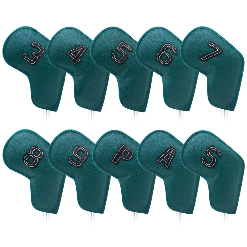 V888-ELOSUNG23725-202504141517-00 Dark Green Golf Iron Head Covers Set of 10 - Waterproof PU Leather Club Protectors with Embroidered Numbers (3-9, P, A, S) - Image 1