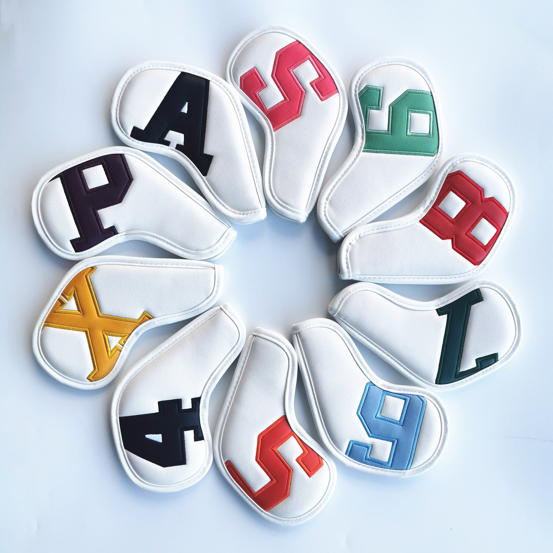 V888-ELOSUNG23737-202504141537-00 Colorful Words On White Background PU Leather Golf Iron Headcovers Set (10pcs) - Numbered Protective Club Covers (4-9, P, A, S, L) Universal Fit - Image 1