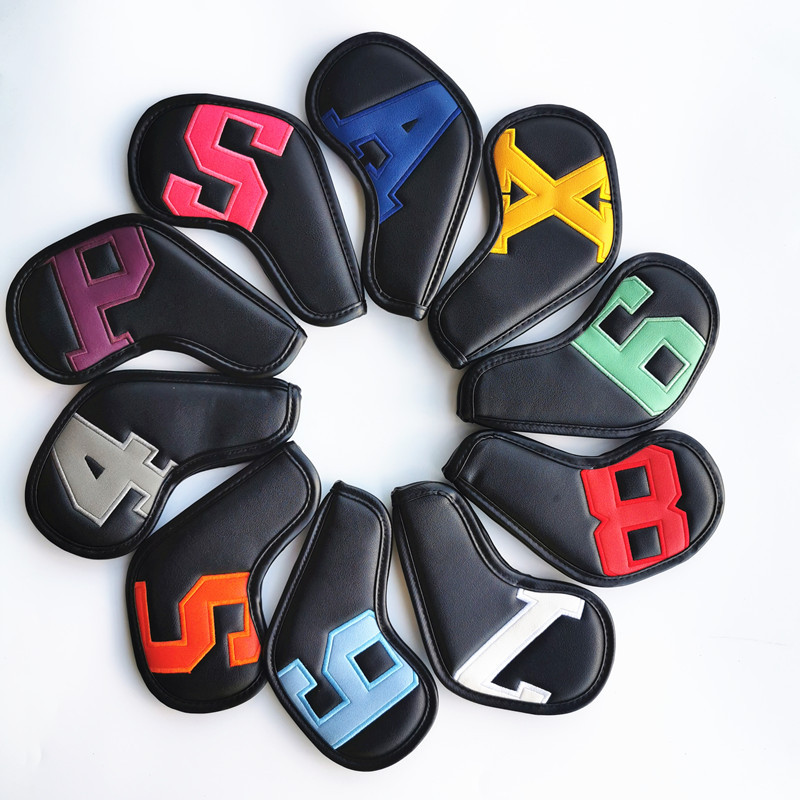 V888-ELOSUNG23738-202504141431-00 Colorful Words On Black Background PU Leather Golf Iron Headcovers Set (10pcs) - Numbered Protective Club Covers (4-9, P, A, S, L) Universal Fit - Image 1