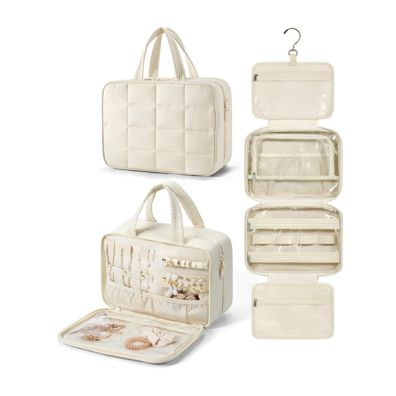 V888-ELOSUNG23869-202504141553-00 Size L Beige Quilted Hanging Toiletry Bag with Jewelry Organizer - Travel Cosmetic Case(31*12*23) - Image 1