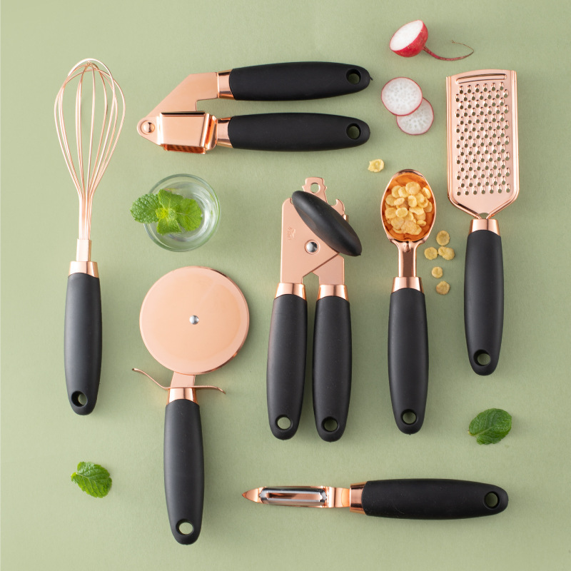 V888-ELOSUNG23931-202504171722-00 Black And Rose Gold 7-Piece Kitchen Gadget Set - Stainless Steel Utensils with Comfort Grip Handles - Image 1