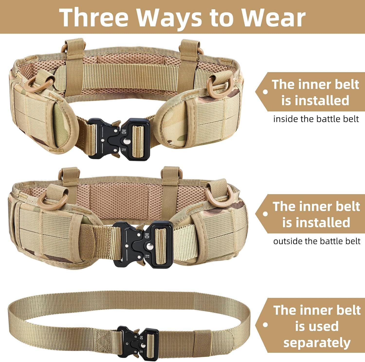 V888-ELOSUNG23951-202504171732-00 Khaki Adjustable Tactical Battle Belt Set - Padded MOLLE Outer & Nylon Inner Belt - Image 1