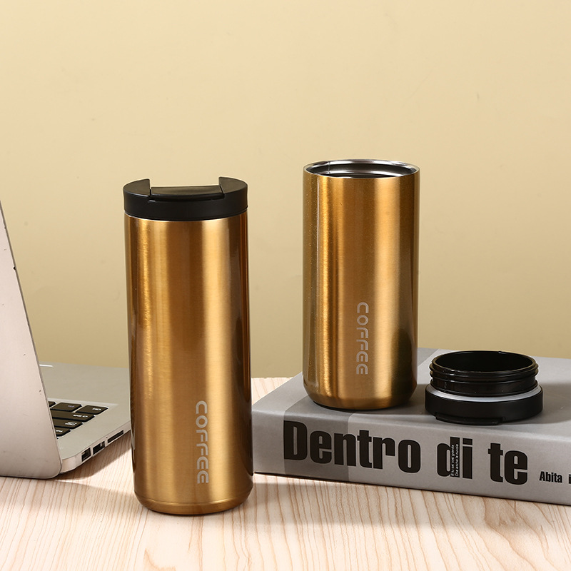 V888-ELOSUNG23983-202504171840-00 Gold Sleek Insulated Stainless Steel Coffee Tumbler Set (400ml & 500ml) - One-Touch Lid Travel Mugs - Image 1