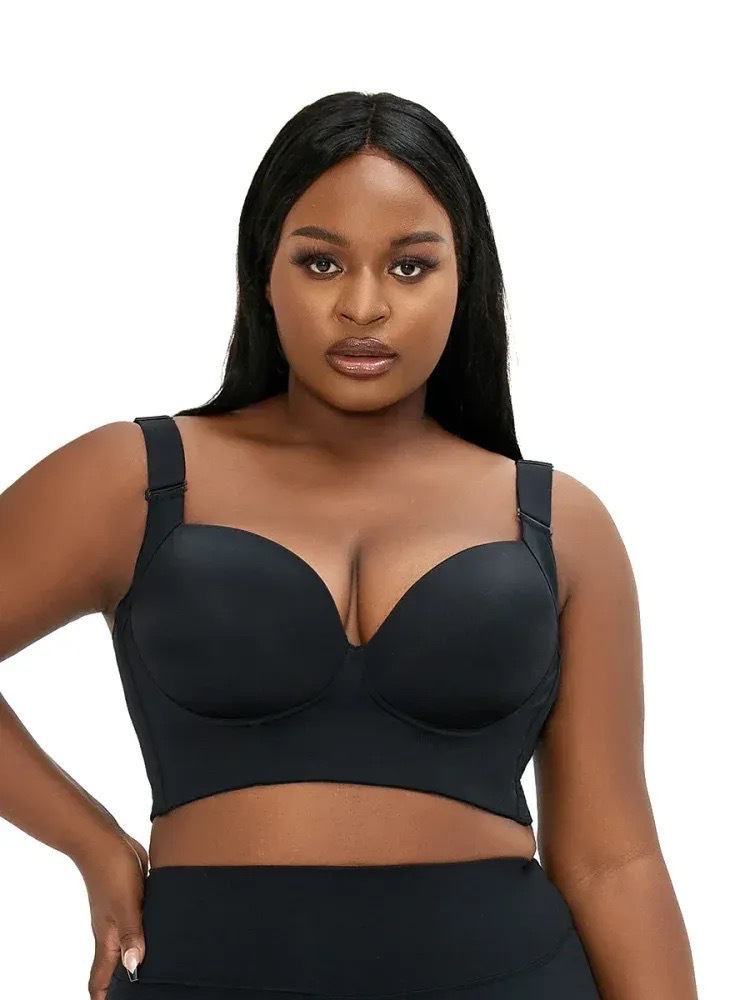 V888-ELOSUNG24030-202503211718-00 32/70F Black Plus-Size Seamless Underwire Bra - Lift & Support Deep V Sports Back Design - Image 1