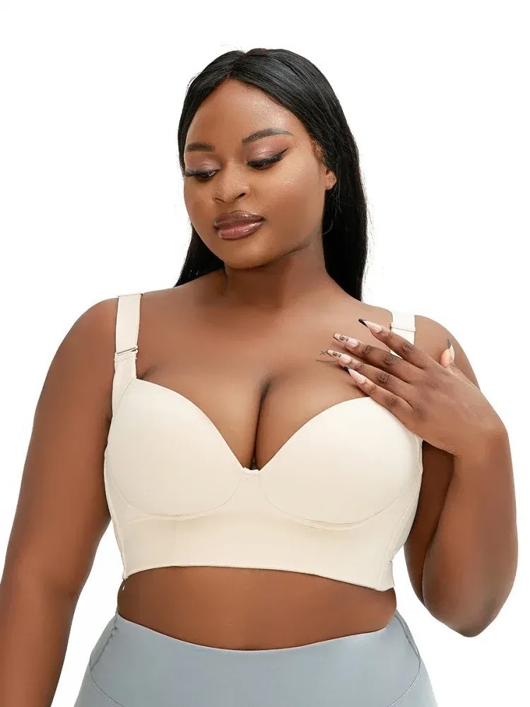 V888-ELOSUNG24135-202503251853-00 34/75B Beige Plus-Size Seamless Underwire Bra - Lift & Support Deep V Sports Back Design - Image 1