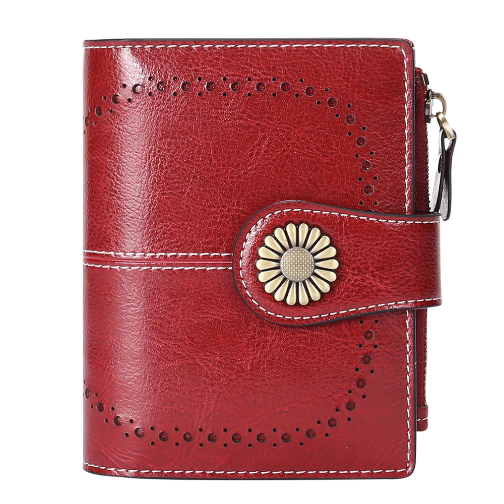 V888-ELOSUNG24275-202503282040-00 Burgundy (64 grain) Women's Short Leather Wallet - European Style Waxed Leather Coin Purse with Zipper Card Holder in Red - Image 1