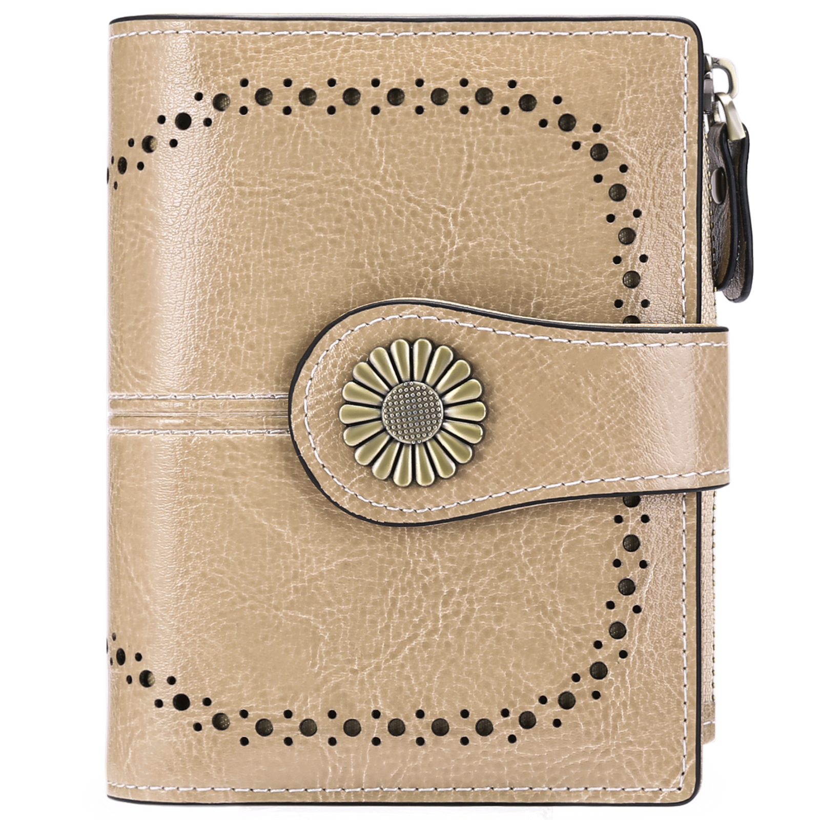 V888-ELOSUNG24277-202503282040-00 Khaki (64 grain) Women's Short Leather Wallet - European Style Waxed Leather Coin Purse with Zipper Card Holder in Red - Image 1