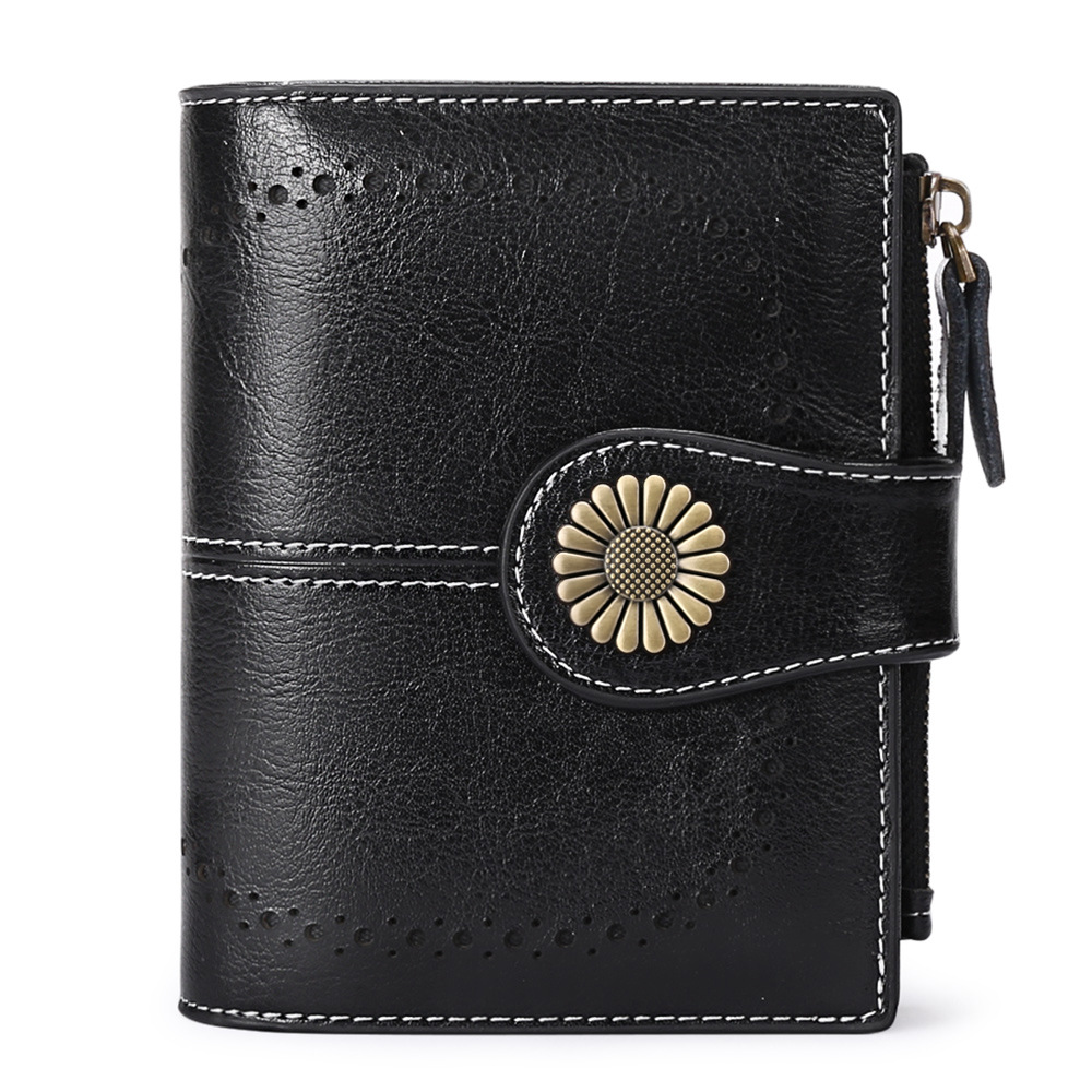 V888-ELOSUNG24294-202503282026-00 Black (64 grain) Women's Short Leather Wallet - European Style Waxed Leather Coin Purse with Zipper Card Holder in Red - Image 1