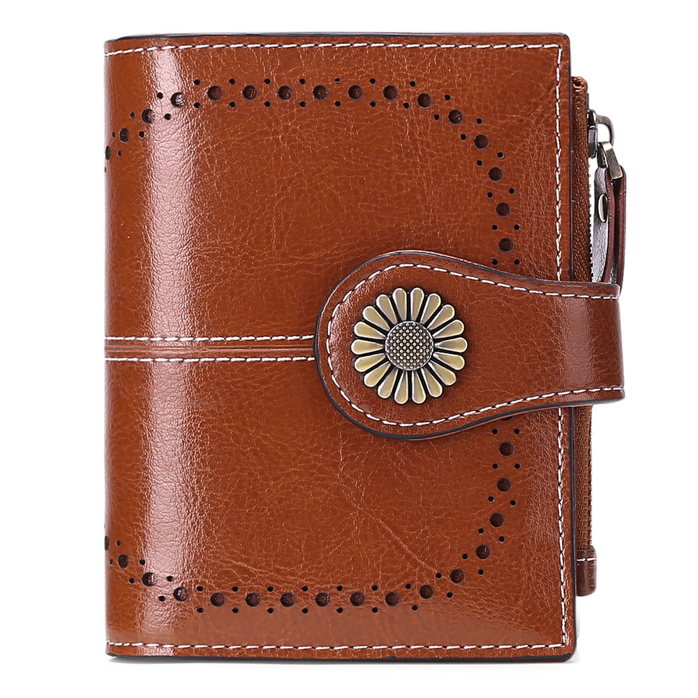 V888-ELOSUNG24296-202503282026-00 Brown (64 grain) Women's Short Leather Wallet - European Style Waxed Leather Coin Purse with Zipper Card Holder in Red - Image 1