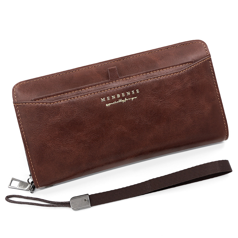 V888-ELOSUNG24449-202504031715-00 Brown 2PCS Men's Premium Long Wallet - Business PU Leather Zip Around Card Holder with Multiple Slots & Pull-Tab Design - Image 1