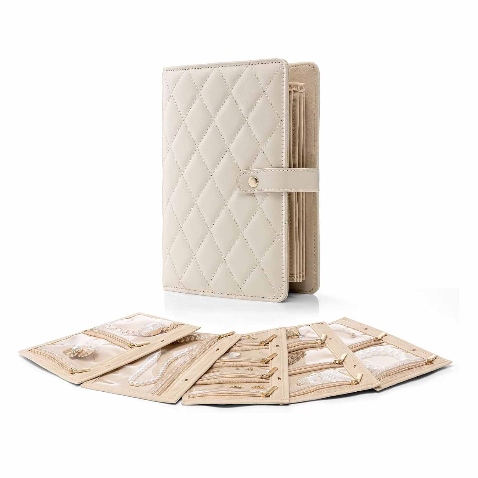 V888-ELOSUNG24489-202504141412-00 White Foldable Travel Jewelry Organizer - Velvet Zippered Case with Transparent Pages & Detachable Pouches - Image 1