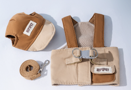 V888-ELOSUNG24609-202504141730-00 S Brown Pet Sun Hat with Adjustable Strap + Leash & Harness 3-Piece Set - Breathable Summer Cap for Dogs & Cats with Ear Holes - Image 1