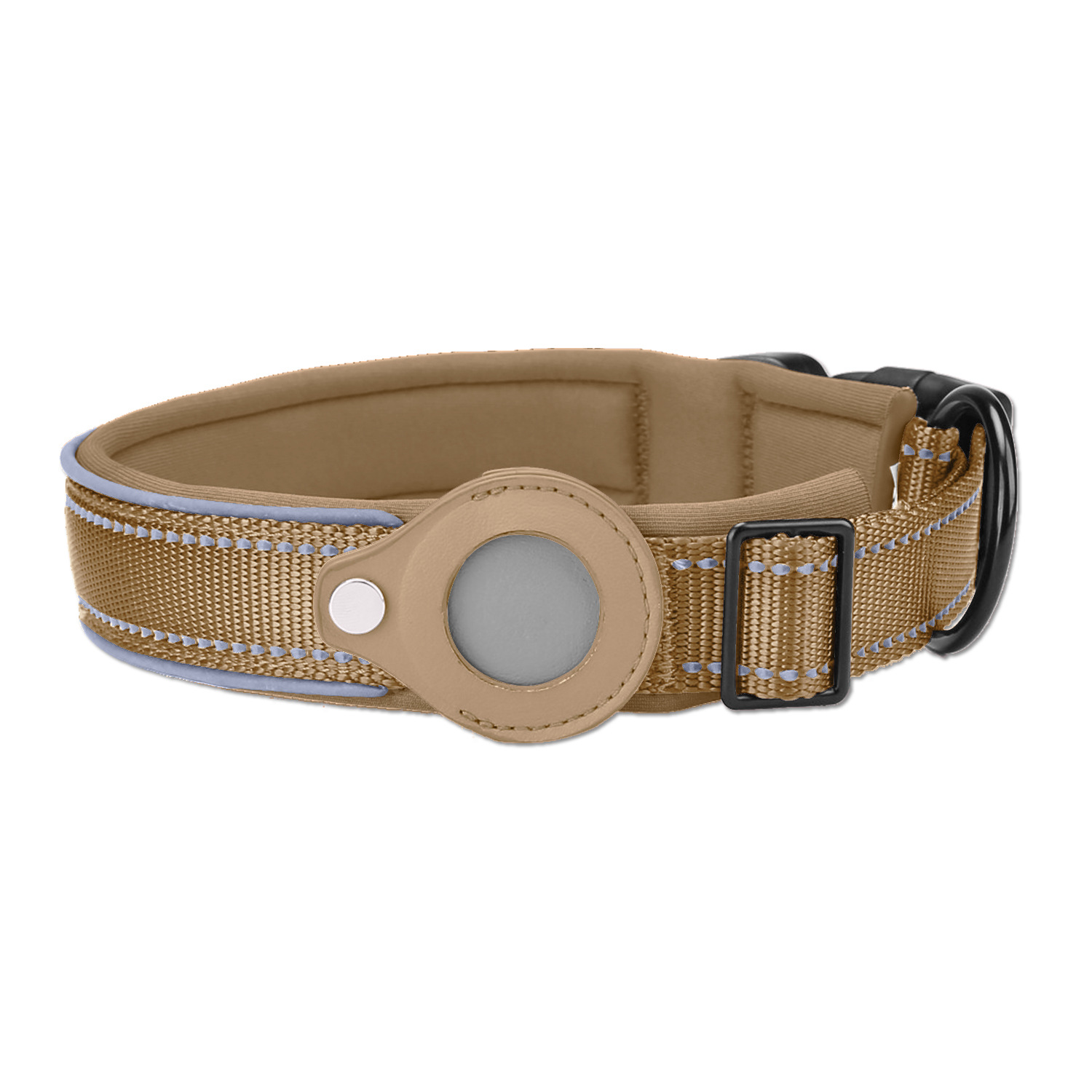 V888-ELOSUNG24664-202504141618-00 S Khaki Secure Nylon Dog Collar with Built-in Apple AirTag (not included) Holder Case - Pet Tracker Accessory - Image 1