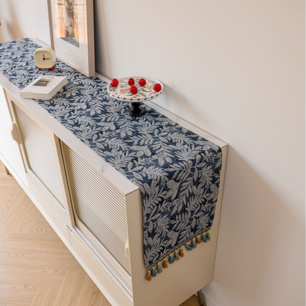 V888-ELOSUNG24899-202504211246-00 Jacquard Blue Water Plant 33-180cm Elegant Geometric Jacquard Table Runner with Tassels - Modern Dining & Coffee Table Decor - Image 1