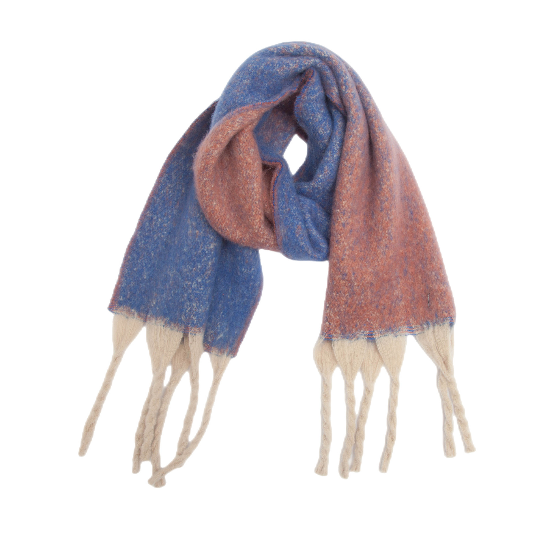 V888-ELOSUNG24986-202504221132-00 Blue-orange Plush Gradient Winter Scarf Shawl - Thick Textured Circle Yarn with Chunky Tassels - 185cm x 40cm - Image 1