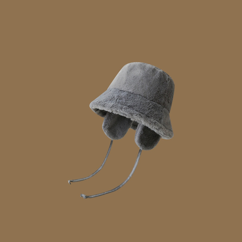V888-ELOSUNG25169-202504171841-00 Plush Bucket Hat with Ear Flaps ,Warm Furry Winter Hat in Grey-One size (54-59cm) adjustable - Image 1