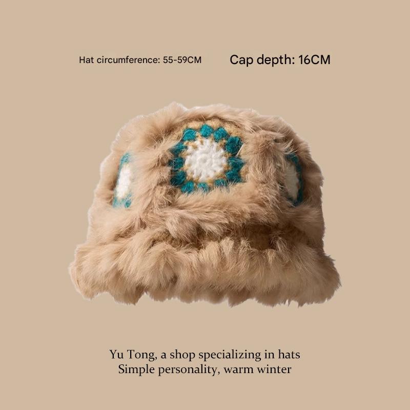 V888-ELOSUNG25173-202504171842-00 Plush Floral Bucket Hat,Warm Crocheted Winter Hat in Khaki-Hat circumference: 56-60cm - Image 1