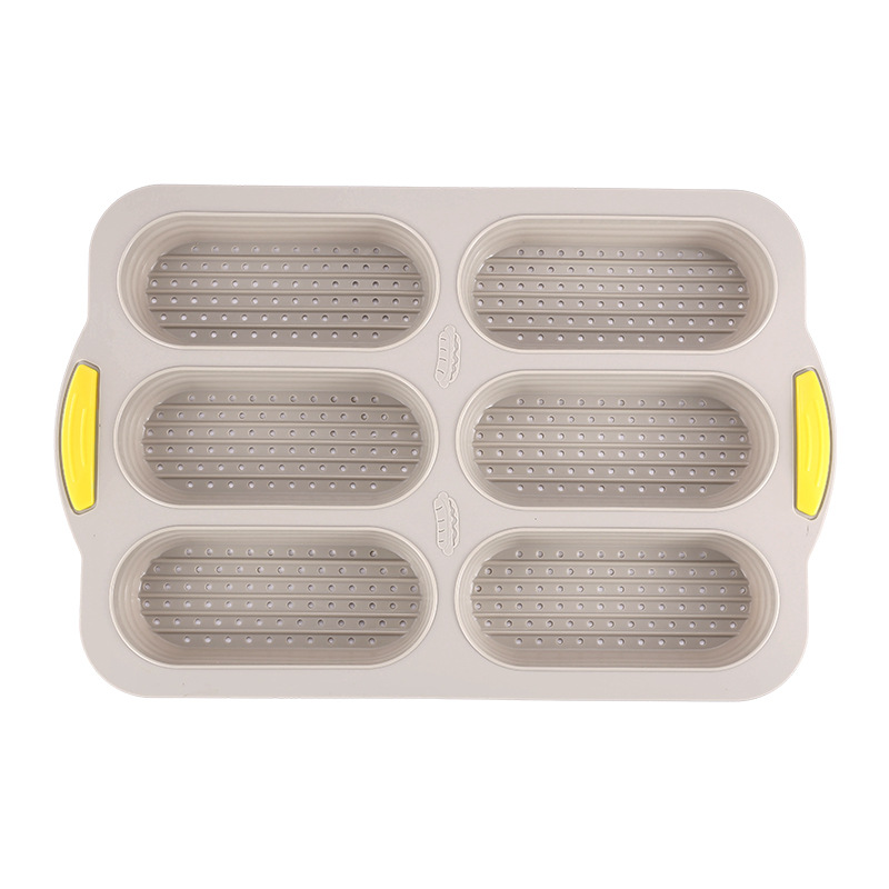 V888-ELOSUNG25178-202504171630-00 Brown 6-hole silicone baking mold, perforated loaf pan 37.5 cm x 24.5 cm, suitable for bread and cakes (sold in sets of 2) - Image 1