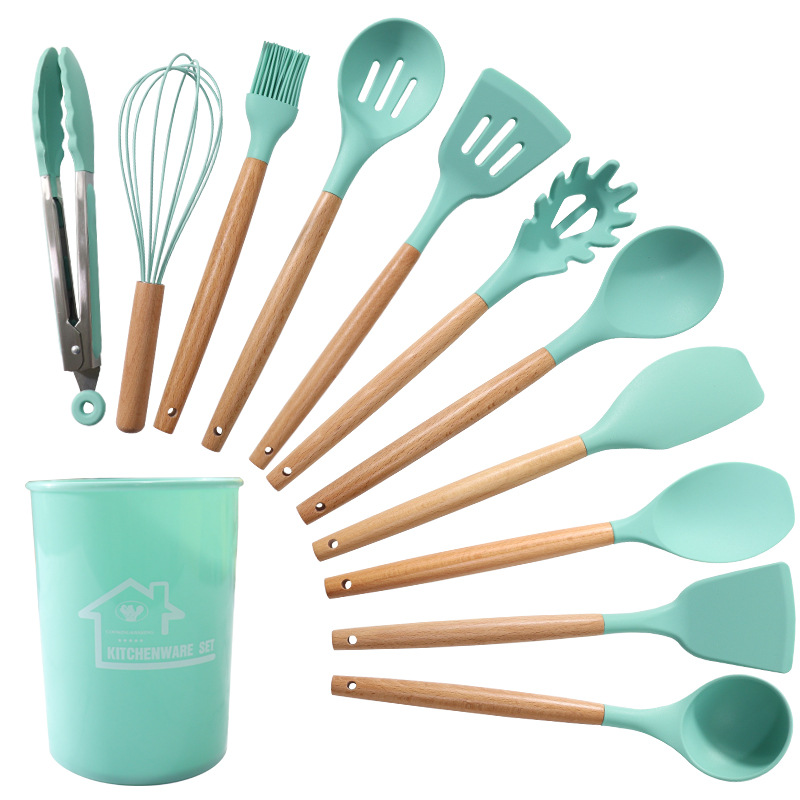 V888-ELOSUNG25201-202504211142-00 Dark Green 11-Piece Silicone Kitchen Utensil Set with Wooden Handles and Storage Bucket - Heat Resistant and Non-Stick - Image 1