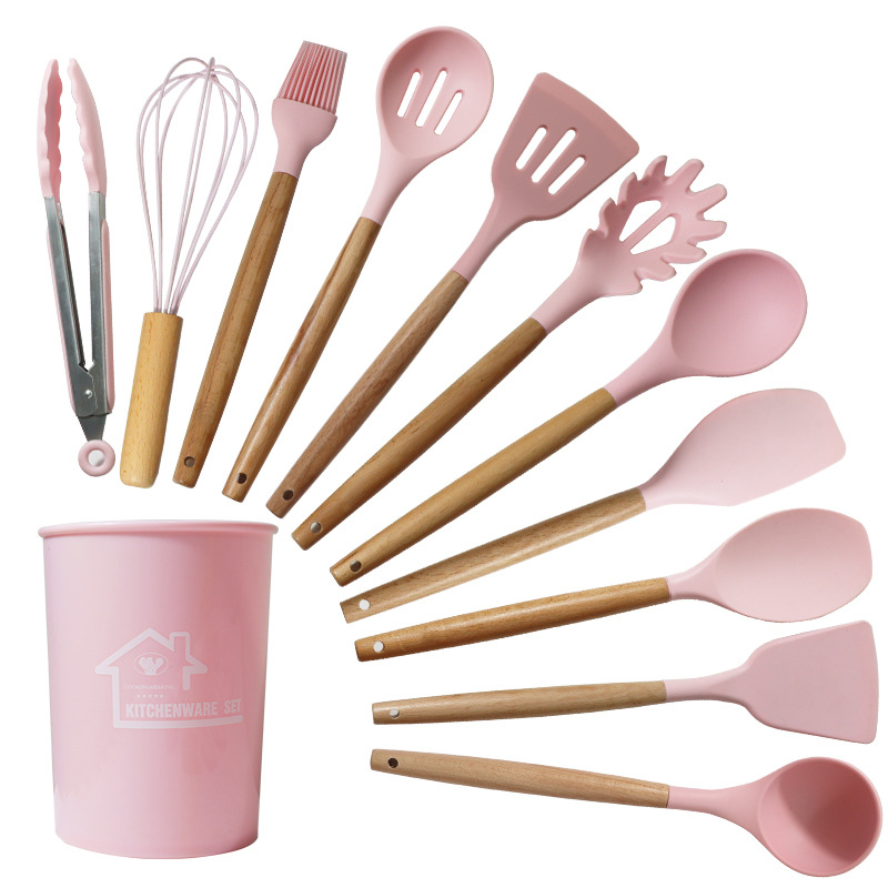 V888-ELOSUNG25203-202504211142-00 Pink 11-Piece Silicone Kitchen Utensil Set with Wooden Handles and Storage Bucket - Heat Resistant and Non-Stick - Image 1