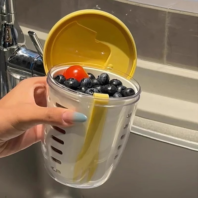 V888-ELOSUNG25290-202504211146-00 Yellow Double Layer Salad Cup with Fork - Leak-proof Fruit Container, Drain Design, Portable Oatmeal and Picnic Jar - Image 1