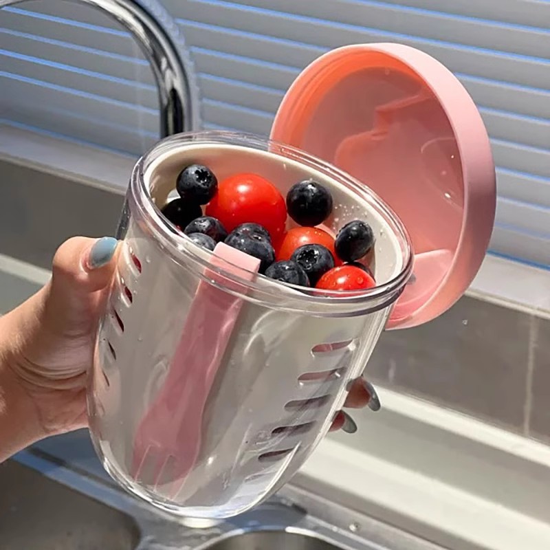 V888-ELOSUNG25292-202504211147-00 Pink Double Layer Salad Cup with Fork - Leak-proof Fruit Container, Drain Design, Portable Oatmeal and Picnic Jar - Image 1