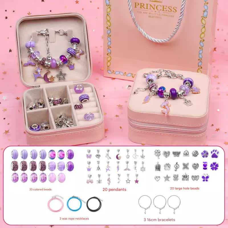 V888-ELOSUNG25303-202504211210-00 Purple Kids DIY Beaded Bracelet Set - Creative Jewelry Making Kit with Princess Gift Box and Display Stand - Image 1