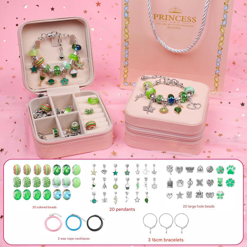 V888-ELOSUNG25306-202504211211-00 Green Kids DIY Beaded Bracelet Set - Creative Jewelry Making Kit with Princess Gift Box and Display Stand - Image 1