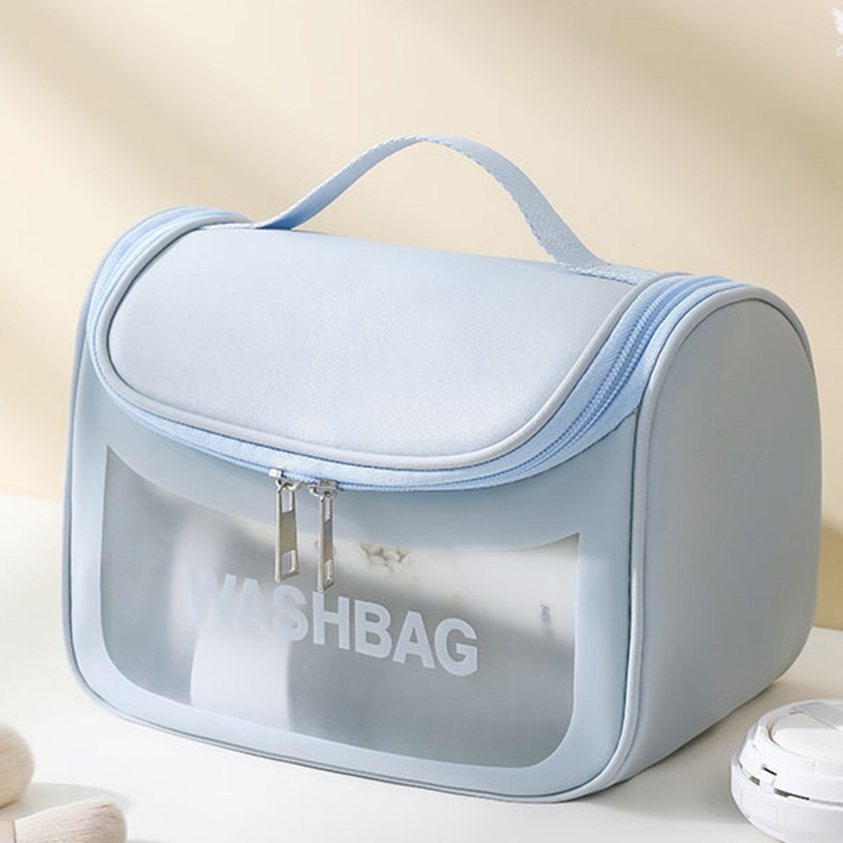 V888-ELOSUNG25390-202504281527-00 PVC Transparent Cosmetic Bag,Waterproof Portable Travel Organizer with Handle(Sky blue) - Image 1