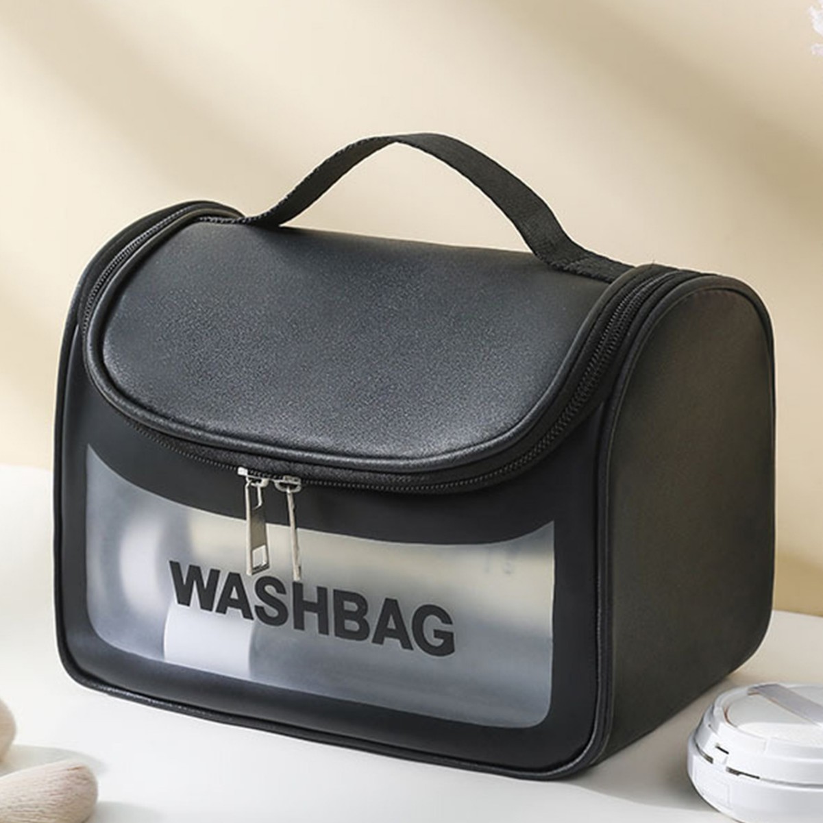 V888-ELOSUNG25392-202504281530-00 PVC Transparent Cosmetic Bag,Waterproof Portable Travel Organizer with Handle(Black) - Image 1