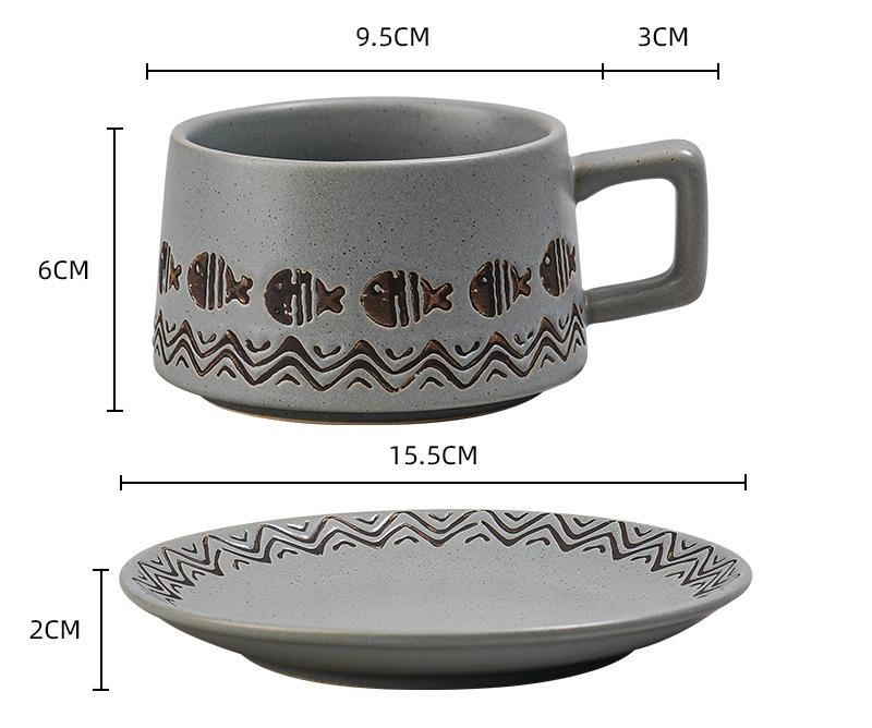 V888-ELOSUNG25527-202504281306-00 Vintage Ceramic Coffee Cup and Saucer Set - Elegant Afternoon Tea Set(Wave Fish Gray) - Image 1
