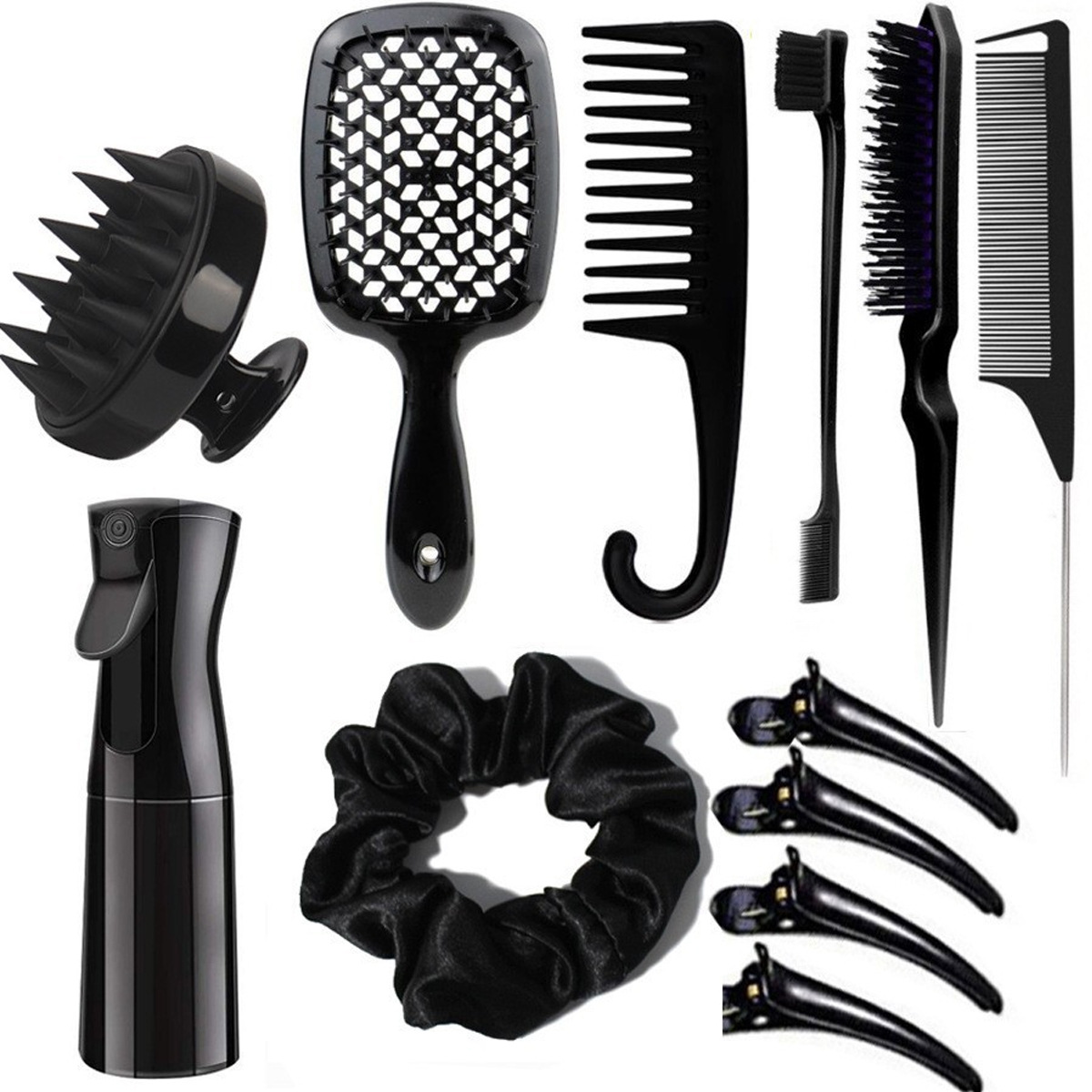 V888-ELOSUNG25626-202505061406-00 Complete Hair Styling Kit with Detangling Brushes, Combs, Spray Bottle, and Accessories(black) - Image 1