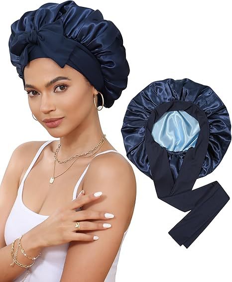 V888-ELOSUNG25636-202505081707-00 Luxury Double-Sided Satin Bonnet with Elastic Band(Navy blue + light blue lining) - Image 1