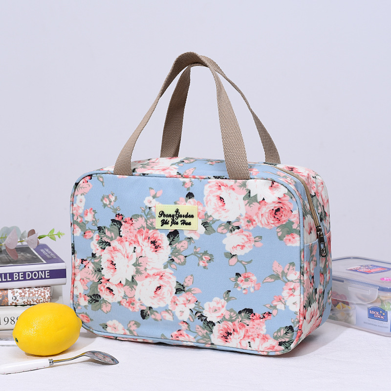 V888-ELOSUNG25727-202505081813-00 Versatile Portable Handled Bag - Durable Waterproof Fabric, Ideal for Toiletries, Lunch & Travel(Light blue peony) - Image 1