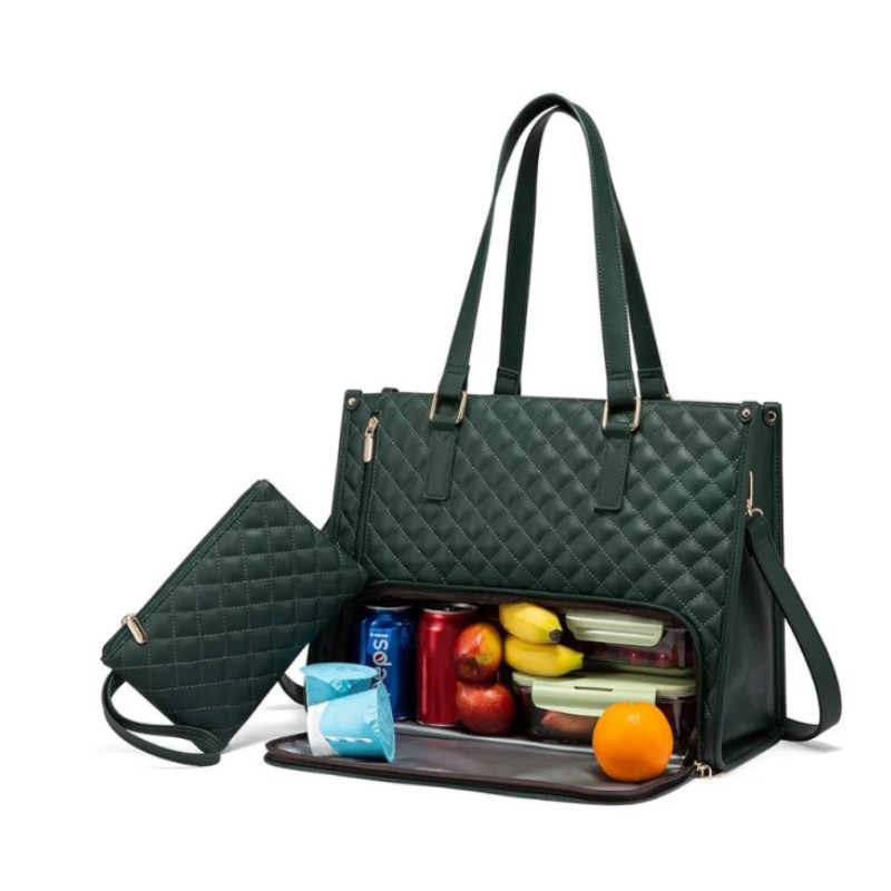 V888-ELOSUNG25756-202505131722-00 Stylish Quilted Laptop & Lunch Tote Bag , Water-Resistant with Insulated Compartment & Clutch(Green) - Image 1