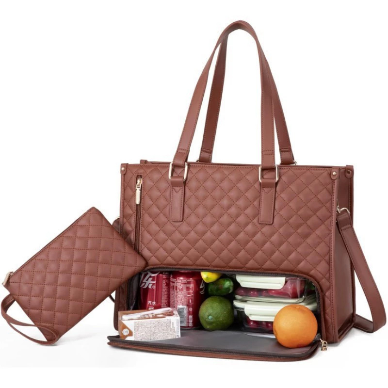 V888-ELOSUNG25758-202505131723-00 Stylish Quilted Laptop & Lunch Tote Bag , Water-Resistant with Insulated Compartment & Clutch(Brown) - Image 1