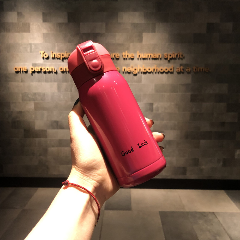 V888-ELOSUNG25794-202505131859-00 Good Luck" Mini Stainless Steel Thermos Flask - 350ml Leakproof Insulated Bottle with Pop-Up Lid & Strap(red)" - Image 1