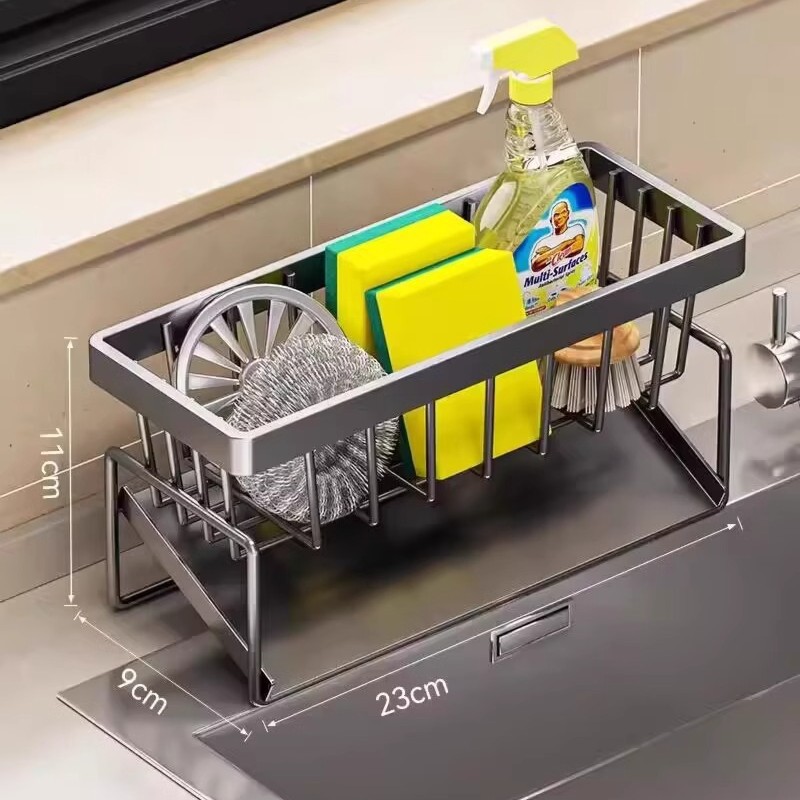 V888-ELOSUNG25819-202505131930-00 Kitchen Sink Caddy Organizer with Towel Bar & Drain Tray - Durable Metal Sponge Holder(grey) - Image 1