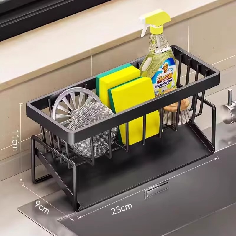V888-ELOSUNG25820-202505131852-00 Kitchen Sink Caddy Organizer with Towel Bar & Drain Tray - Durable Metal Sponge Holder(Black) - Image 1
