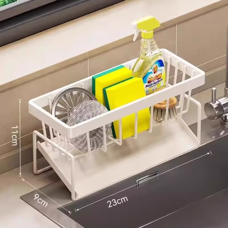 V888-ELOSUNG25821-202505131853-00 Kitchen Sink Caddy Organizer with Towel Bar & Drain Tray - Durable Metal Sponge Holder(White) - Image 1