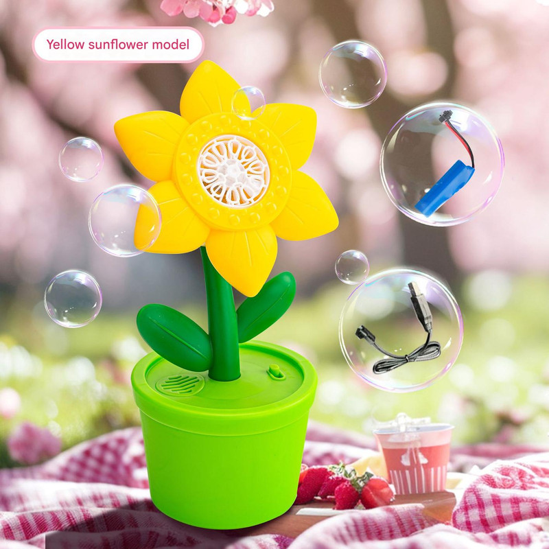 V888-ELOSUNG25970-202505191230-00 Electric Flower Bubble Machine with Music - Rechargeable, 10-Hole Output(yellow) - Image 1