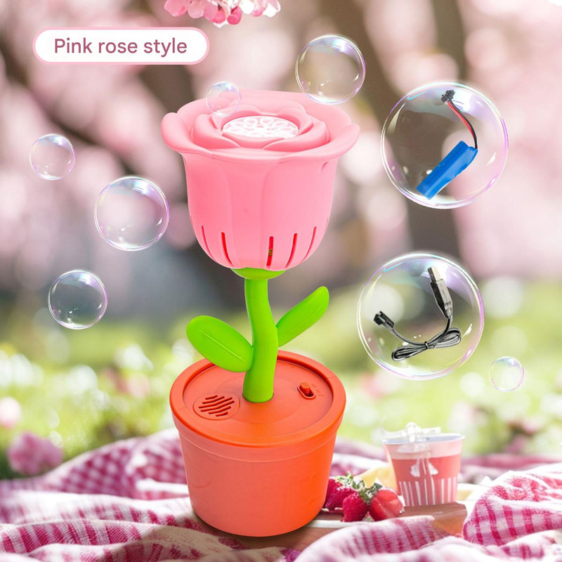 Electric Flower Bubble Machine with Music - Rechargeable, 10-Hole Output(Pink)