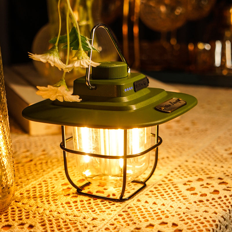 V888-ELOSUNG26071-202504141610-00 Green Vintage LED Camping Lantern - Rechargeable, Stepless Dimming, Power Bank - Image 1