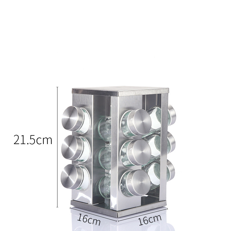 V888-ELOSUNG26115-202504171742-00 Modern stainless steel square spice revolving rack with 12 (88 ml each) empty glass jars - Image 1